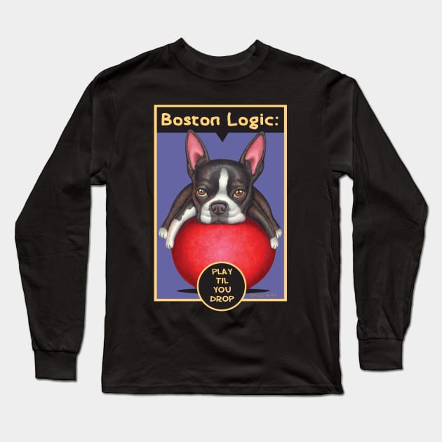 Cute Boston Terrier Dog on red ball on Boston Terrier on Red Ball tee Long Sleeve T-Shirt by Danny Gordon Art